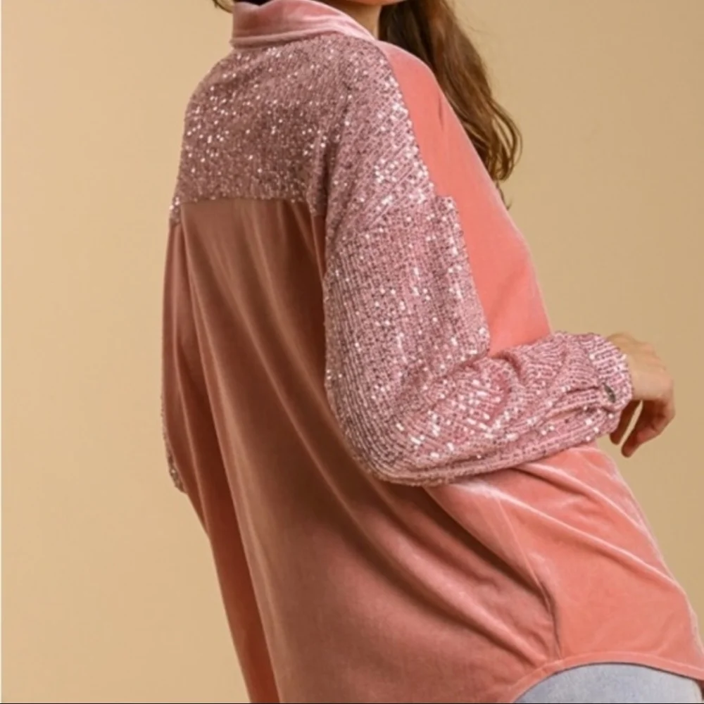 NWT Umgee Rose Pink Velvet Sequin Oversized Long Sleeve Button Down Top Shirt - Picture 5 of 16